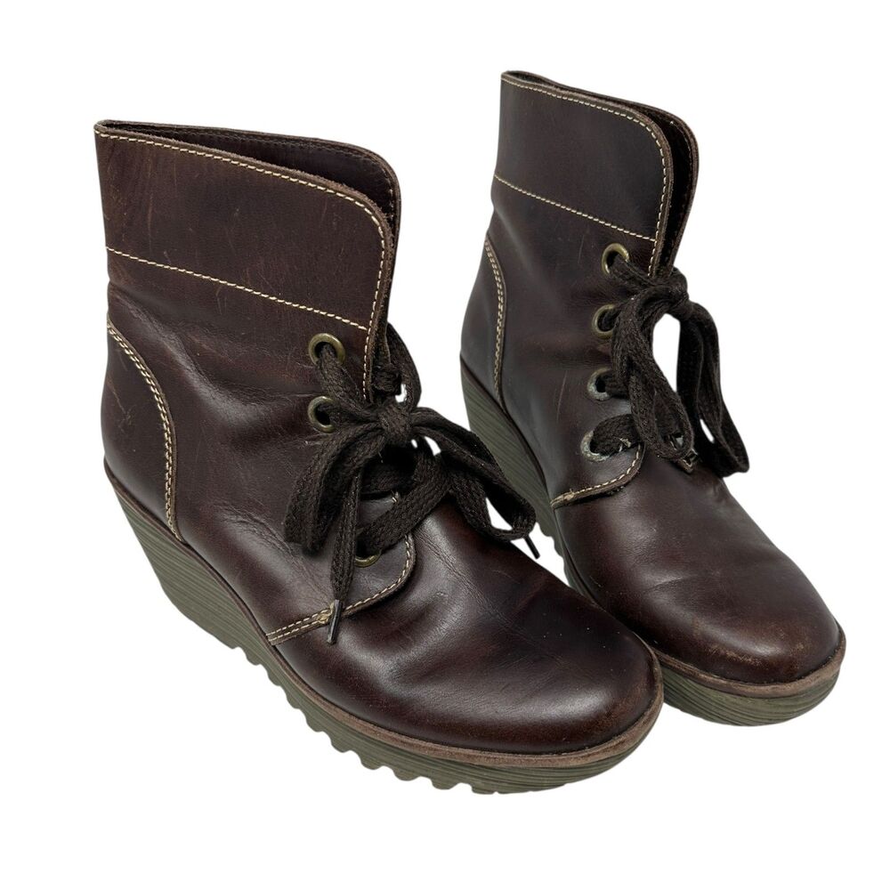 Fly London Dark Brown Leather Lace Up Yip Ruched Ankle Wedge Boots Size 39‎ -8/5
